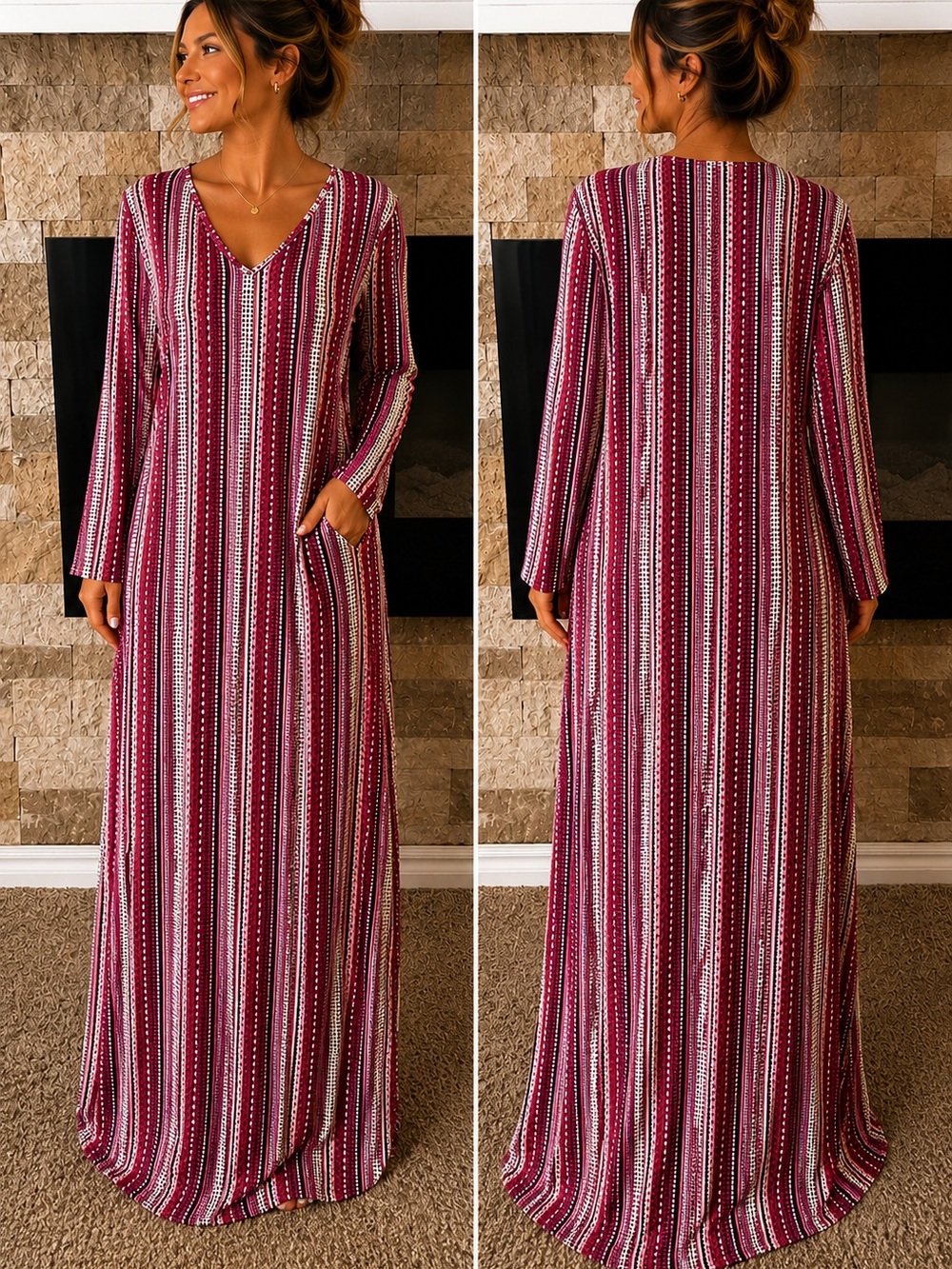 Long Sleeve V-Neck Maxi Dress in Burgundy Stripes Boho Western